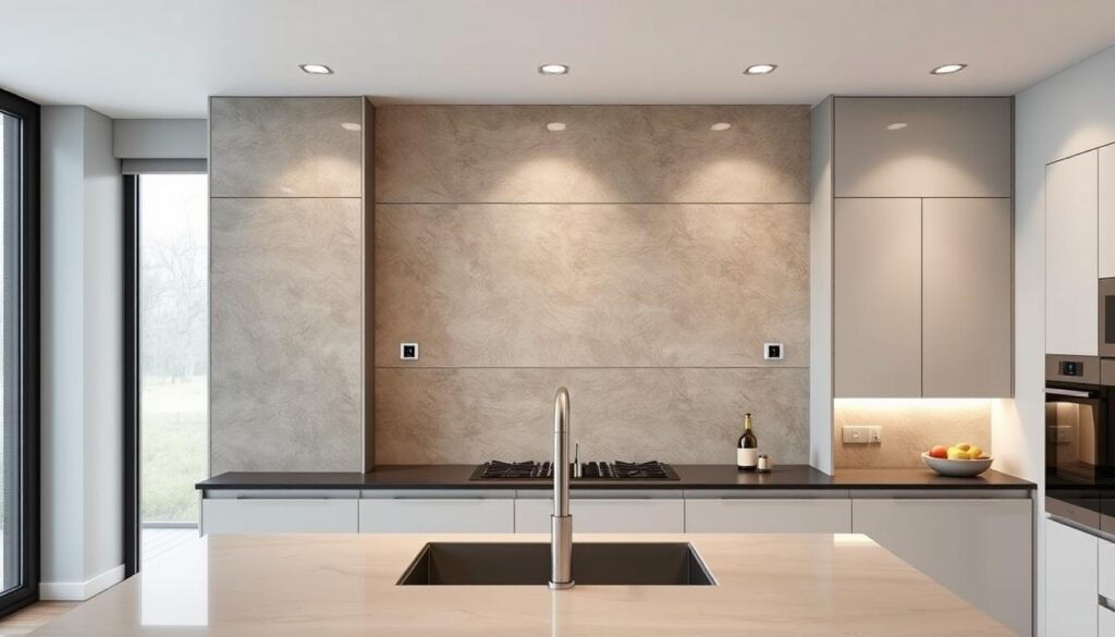 A modern kitchen interior with a striking material rückwand (rear wall) as the focal point. The rückwand features a sleek, minimalist design, showcasing a combination of natural stone and metallic accents that create a visually stunning contrast. The lighting is soft and diffused, accentuating the textures and details of the rückwand. The camera angle captures the rückwand from a slightly elevated perspective, allowing the viewer to appreciate its impressive scale and design. The overall mood is one of elegance, sophistication, and attention to high-quality materials and finishes, reflecting the "Materialien & Oberflächen: die passende Rückwand für jede Küche" section of the article.