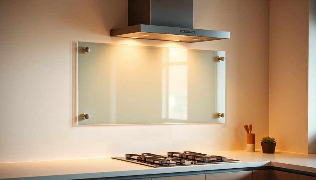 A modern kitchen setting with a clear glass panel mounted on the wall as a backsplash. The panel has a subtle, seamless look, blending harmoniously with the surrounding tiles or countertop material. Warm, diffused lighting illuminates the scene, creating a cozy and inviting atmosphere. The installation appears effortless, with minimal visible hardware or fixings, showcasing the ease of the montage process. The overall composition emphasizes the simplicity and versatility of the Spritzschutz solution, highlighting its ability to adapt to different kitchen surfaces and designs.