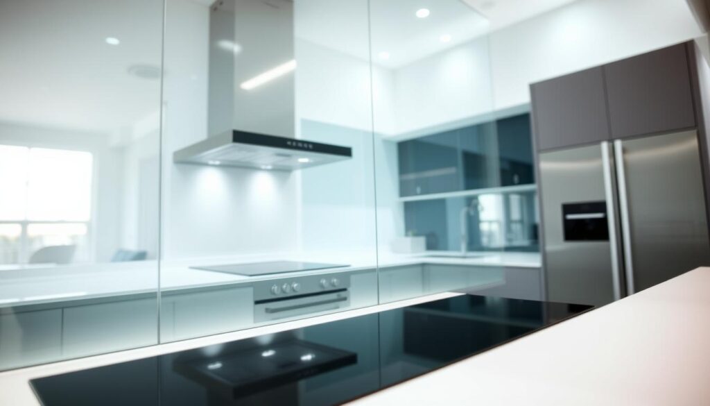A modern kitchen with a minimalist, seamless glass backsplash. The glass panels reflect the soft, diffused lighting, creating a sleek, modern ambiance. The backsplash is installed without the traditional tile grout lines, showcasing its clean, uninterrupted surface. The kitchen appliances and countertops are visible through the glass, creating a sense of depth and transparency. The scene is photographed from a low angle, emphasizing the smooth, flush installation of the backsplash and the overall streamlined aesthetic of the kitchen design.