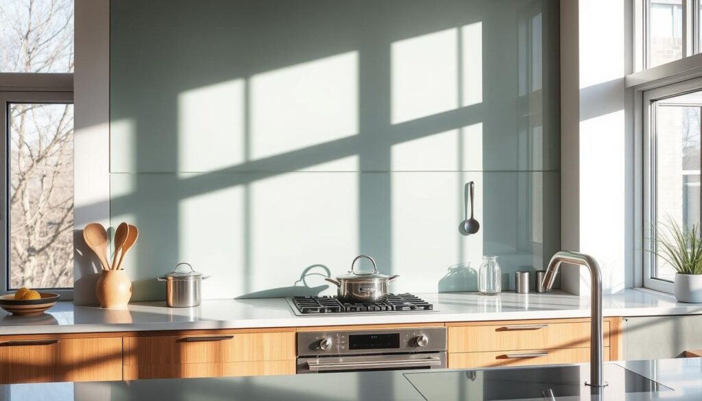 A modern kitchen with a sleek glass splashback, reflecting the natural light flooding through large windows. The smooth, transparent surface catches the gleam of stainless steel appliances and the warmth of wooden cabinetry. The minimalist design creates a harmonious blend of form and function, elevating the everyday cooking experience into one of refined elegance. Subtle shadows cast by cooking utensils and kitchen accessories add depth and texture, while the seamless integration of the glass splashback into the overall aesthetic exudes a sense of timeless sophistication.