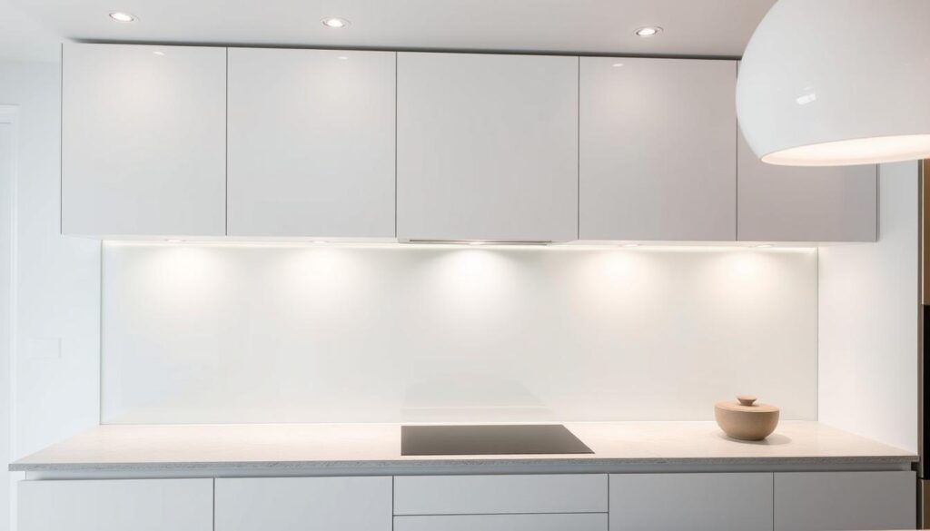 A modern kitchen with a sleek, minimalist spritzschutz (splashback) made of tempered glass. The glass panel stretches from the countertop to the upper cabinets, creating a seamless, easy-to-clean surface. Soft, diffused lighting from recessed ceiling fixtures illuminates the kitchen, casting a warm glow on the glass and highlighting its crystal-clear transparency. The kitchen's neutral color palette, with white cabinets and stone countertops, provides a clean, sophisticated backdrop for the glass spritzschutz. The scene conveys a sense of simplicity, functionality, and timeless elegance - an alternative to traditional tile backsplashes that is both practical and visually striking. A modern kitchen with a sleek, minimalist spritzschutz (splashback) made of tempered glass. The glass panel stretches from the countertop to the upper cabinets, creating a seamless, easy-to-clean surface. Soft, diffused lighting from recessed ceiling fixtures illuminates the kitchen, casting a warm glow on the glass and highlighting its crystal-clear transparency. The kitchen's neutral color palette, with white cabinets and stone countertops, provides a clean, sophisticated backdrop for the glass spritzschutz. The scene conveys a sense of simplicity, functionality, and timeless elegance - an alternative to traditional tile backsplashes that is both practical and visually striking.