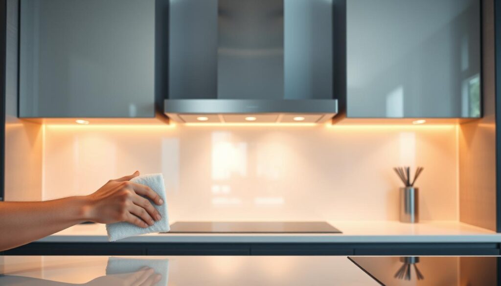 A modern kitchen with a sleek, seamless glass backsplash taking center stage. The glass panels reflect the warm, ambient lighting, creating a stunning, minimalist aesthetic. In the foreground, a pair of hands carefully wipe the surface, showcasing the easy maintenance and pristine finish of the glass. The background features a clean, uncluttered kitchen interior, emphasizing the focal point of the glass backsplash. The scene conveys a sense of sophistication, attention to detail, and the effortless elegance of a well-designed, contemporary kitchen.