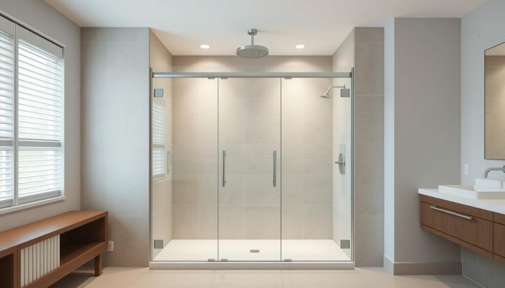 A modern, minimalist bathroom interior with a focus on a large, walk-in shower enclosure. The shower stall takes up the majority of the frame, with clean, frameless glass panels and a sleek, chrome showerhead overhead. The tiled floor and walls in neutral tones create a serene, spa-like atmosphere. Soft, diffused lighting illuminates the space, highlighting the dimensions and proportions of the shower area. The camera angle is positioned at eye level, providing a clear, unobstructed view of the shower measurements and layout. The overall composition emphasizes the importance of understanding shower dimensions and layout when designing a custom shower enclosure. A modern, minimalist bathroom interior with a focus on a large, walk-in shower enclosure. The shower stall takes up the majority of the frame, with clean, frameless glass panels and a sleek, chrome showerhead overhead. The tiled floor and walls in neutral tones create a serene, spa-like atmosphere. Soft, diffused lighting illuminates the space, highlighting the dimensions and proportions of the shower area. The camera angle is positioned at eye level, providing a clear, unobstructed view of the shower measurements and layout. The overall composition emphasizes the importance of understanding shower dimensions and layout when designing a custom shower enclosure.