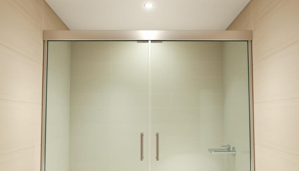 A modern, minimalist bathroom interior with a sleek, frameless plastic shower enclosure. The enclosure features sliding doors with a polished, seamless finish, creating a streamlined, high-end aesthetic. The doors are set against a neutral, light-colored tile backdrop, allowing the translucent, tinted panels to stand out. Soft, diffused lighting from above casts a warm, inviting glow, highlighting the clean lines and smooth surfaces of the plastic shower doors. The overall scene conveys a sense of spa-like luxury and functionality, perfectly suited for the "Türen und Abtrennungen aus Kunststoff" section of the article. A modern, minimalist bathroom interior with a sleek, frameless plastic shower enclosure. The enclosure features sliding doors with a polished, seamless finish, creating a streamlined, high-end aesthetic. The doors are set against a neutral, light-colored tile backdrop, allowing the translucent, tinted panels to stand out. Soft, diffused lighting from above casts a warm, inviting glow, highlighting the clean lines and smooth surfaces of the plastic shower doors. The overall scene conveys a sense of spa-like luxury and functionality, perfectly suited for the "Türen und Abtrennungen aus Kunststoff" section of the article.
