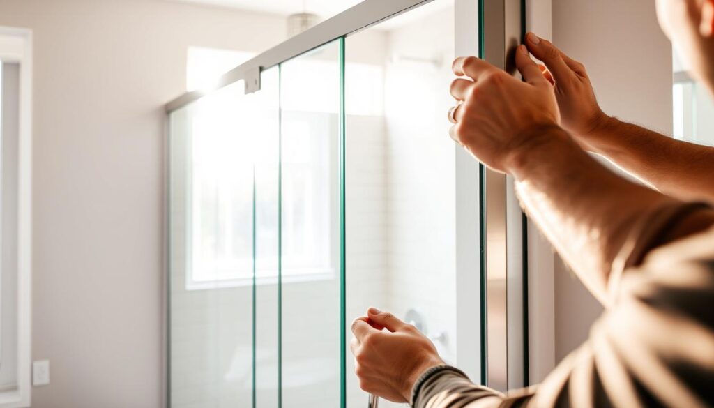 A modern, minimalist bathroom interior with a sleek glass shower door being installed. The foreground shows the installer's hands carefully aligning the door frame, meticulously ensuring a perfect fit. The middle ground reveals the partially open door, offering a glimpse of the tiled shower enclosure beyond. The background features bright, natural lighting filtering in through a large window, casting a warm, welcoming glow throughout the space. The overall scene conveys a sense of precision, functionality, and attention to detail during the installation process, in line with the article's focus on customized, high-quality shower door solutions. A modern, minimalist bathroom interior with a sleek glass shower door being installed. The foreground shows the installer's hands carefully aligning the door frame, meticulously ensuring a perfect fit. The middle ground reveals the partially open door, offering a glimpse of the tiled shower enclosure beyond. The background features bright, natural lighting filtering in through a large window, casting a warm, welcoming glow throughout the space. The overall scene conveys a sense of precision, functionality, and attention to detail during the installation process, in line with the article's focus on customized, high-quality shower door solutions.