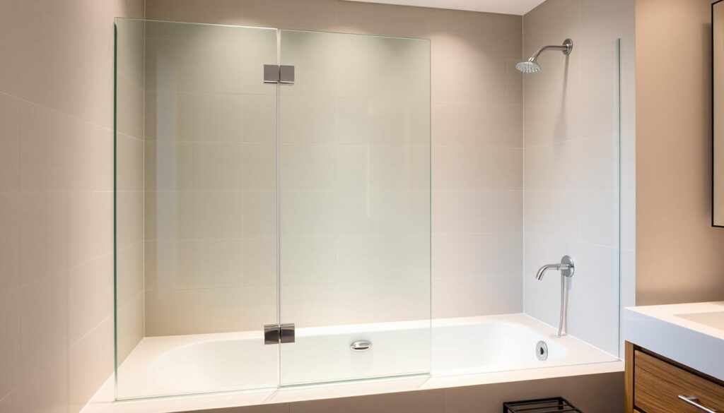 A modern, minimalist bathroom setting with a custom-made glass shower partition seamlessly integrated into the bathtub. The partition features clean, sleek lines and a frameless design, blending effortlessly with the tiled walls and countertop. Soft, indirect lighting creates a serene ambiance, highlighting the transparency and elegant simplicity of the glass enclosure. The composition emphasizes the partition's precise fit and tailored appearance, showcasing its versatility in adapting to the unique dimensions of the space. The overall scene conveys a sense of luxurious, spa-like sophistication.