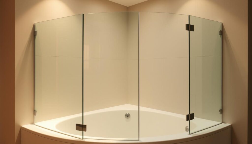 A modern, minimalist corner bathtub with a sleek glass shower enclosure. The enclosure features a seamless glass panel that extends from the tub's edge to the ceiling, creating a spacious, open feel. Warm, indirect lighting illuminates the scene, casting a soft, atmospheric glow. The glass panel has a polished, frameless design, with discreet hinges and hardware blending seamlessly into the overall aesthetic. The tub and surrounding surfaces are clean, neutral-toned tiles, complementing the glass and creating a spa-like ambiance. The entire setup is designed to maximize the available space while maintaining an elegant, high-end appearance suitable for a luxurious bathroom. A modern, minimalist corner bathtub with a sleek glass shower enclosure. The enclosure features a seamless glass panel that extends from the tub's edge to the ceiling, creating a spacious, open feel. Warm, indirect lighting illuminates the scene, casting a soft, atmospheric glow. The glass panel has a polished, frameless design, with discreet hinges and hardware blending seamlessly into the overall aesthetic. The tub and surrounding surfaces are clean, neutral-toned tiles, complementing the glass and creating a spa-like ambiance. The entire setup is designed to maximize the available space while maintaining an elegant, high-end appearance suitable for a luxurious bathroom.