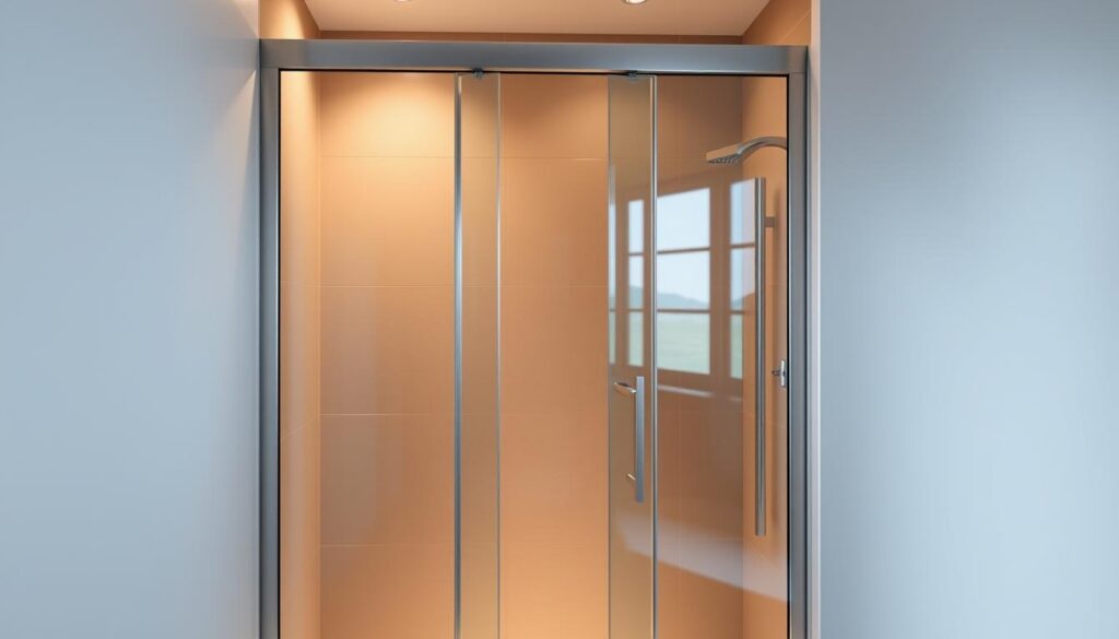 A modern, minimalist foldable shower enclosure nestled in a niche. The tempered glass panels glisten under soft, warm lighting, creating an elegant, spa-like ambiance. The foldable design maximizes the available space, seamlessly blending into the bathroom's sleek, contemporary aesthetic. Captured from a slightly elevated angle, the image showcases the efficient use of the niche, highlighting the compact yet functional nature of the foldable shower door solution. The scene exudes a sense of tranquility and relaxation, perfectly complementing the "Duschkabine Falttür in der Nische: Maximale Breite, minimaler Platzbedarf" section of the article. A modern, minimalist foldable shower enclosure nestled in a niche. The tempered glass panels glisten under soft, warm lighting, creating an elegant, spa-like ambiance. The foldable design maximizes the available space, seamlessly blending into the bathroom's sleek, contemporary aesthetic. Captured from a slightly elevated angle, the image showcases the efficient use of the niche, highlighting the compact yet functional nature of the foldable shower door solution. The scene exudes a sense of tranquility and relaxation, perfectly complementing the "Duschkabine Falttür in der Nische: Maximale Breite, minimaler Platzbedarf" section of the article.