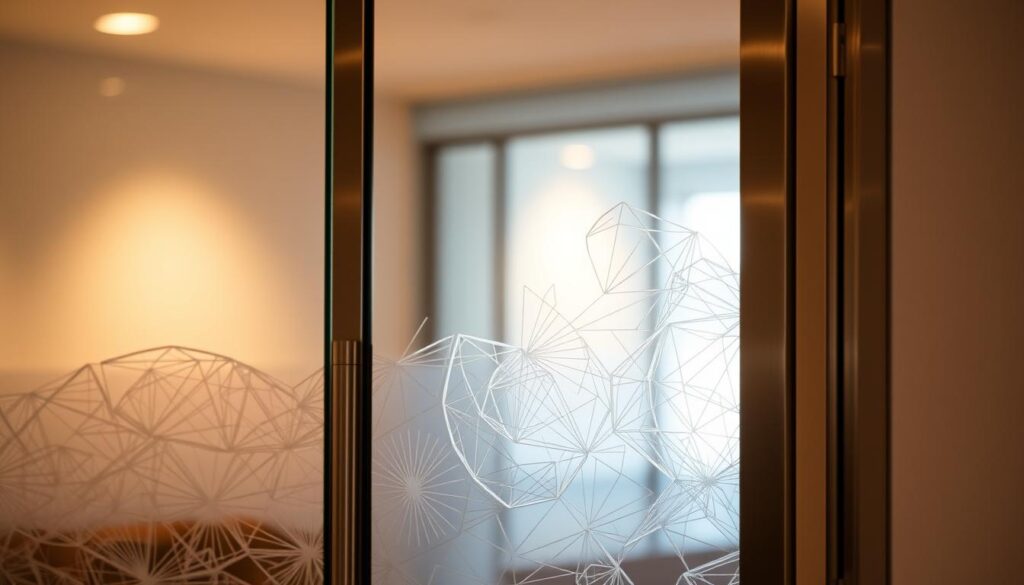 A modern, minimalist glass door, its surface shimmering under the warm, soft lighting. The tempered glass panel, clean and transparent, seamlessly integrated into a sleek, brushed metal frame. The door's design is simple yet elegant, exuding a sense of refined sophistication. In the foreground, the intricate patterns of a laser-etched design dance across the glass, casting mesmerizing shadows and refractions. The overall scene conveys a balance of form and function, where the glass door serves as a stunning focal point, showcasing the possibilities of custom glass design and finishing. A modern, minimalist glass door, its surface shimmering under the warm, soft lighting. The tempered glass panel, clean and transparent, seamlessly integrated into a sleek, brushed metal frame. The door's design is simple yet elegant, exuding a sense of refined sophistication. In the foreground, the intricate patterns of a laser-etched design dance across the glass, casting mesmerizing shadows and refractions. The overall scene conveys a balance of form and function, where the glass door serves as a stunning focal point, showcasing the possibilities of custom glass design and finishing.
