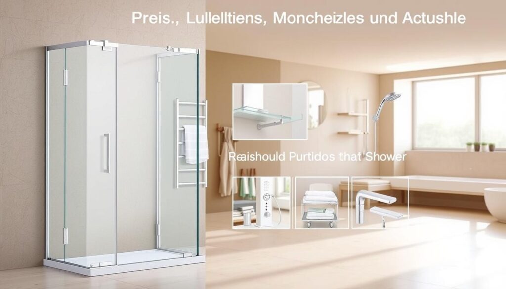 A modern, minimalist glass shower enclosure showcasing the key features of "Preis, Lieferung, Montage und Zubehör". The foreground depicts the shower door with clean, frameless glass panels, sleek chrome hardware, and a smooth, sliding mechanism. In the middle ground, various bathroom accessories such as towel racks, shelves, and a rainfall showerhead are displayed, highlighting the customization options. The background features a warm, neutral-toned bathroom interior with natural lighting streaming in, creating a serene and inviting atmosphere. The overall composition emphasizes the quality, functionality, and seamless integration of the shower system into the broader bathroom design. A modern, minimalist glass shower enclosure showcasing the key features of "Preis, Lieferung, Montage und Zubehör". The foreground depicts the shower door with clean, frameless glass panels, sleek chrome hardware, and a smooth, sliding mechanism. In the middle ground, various bathroom accessories such as towel racks, shelves, and a rainfall showerhead are displayed, highlighting the customization options. The background features a warm, neutral-toned bathroom interior with natural lighting streaming in, creating a serene and inviting atmosphere. The overall composition emphasizes the quality, functionality, and seamless integration of the shower system into the broader bathroom design.