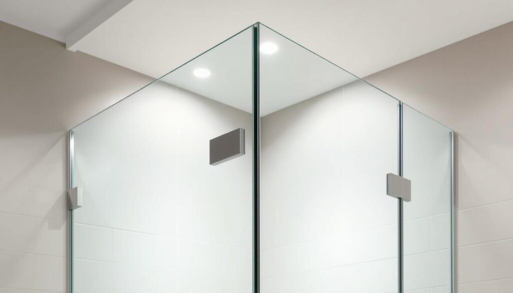 A modern, minimalist glass shower partition with a side panel, illuminated by soft, diffused overhead lighting. The tempered glass panel is seamlessly integrated into the bathroom's sleek, tiled interior, creating a sense of openness and functionality. The side panel adds stability and helps prevent water from splashing outside the enclosure, ensuring a more controlled and contained showering experience. The entire setup exudes a high-end, spa-like ambiance, perfectly suited for a luxurious bathroom setting.
