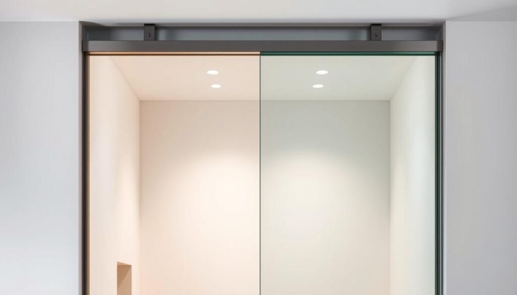 A modern, minimalist glass sliding door design with a sleek, tempered glass panel suspended from a brushed stainless steel frame. The door glides effortlessly along a discreet ceiling track, creating a seamless, open flow between rooms. Soft, ambient lighting illuminates the space, highlighting the clarity and transparency of the glass. The composition emphasizes clean lines, geometric simplicity, and high-quality materials, reflecting a sophisticated and contemporary aesthetic suitable for a luxury home or commercial space. A modern, minimalist glass sliding door design with a sleek, tempered glass panel suspended from a brushed stainless steel frame. The door glides effortlessly along a discreet ceiling track, creating a seamless, open flow between rooms. Soft, ambient lighting illuminates the space, highlighting the clarity and transparency of the glass. The composition emphasizes clean lines, geometric simplicity, and high-quality materials, reflecting a sophisticated and contemporary aesthetic suitable for a luxury home or commercial space.