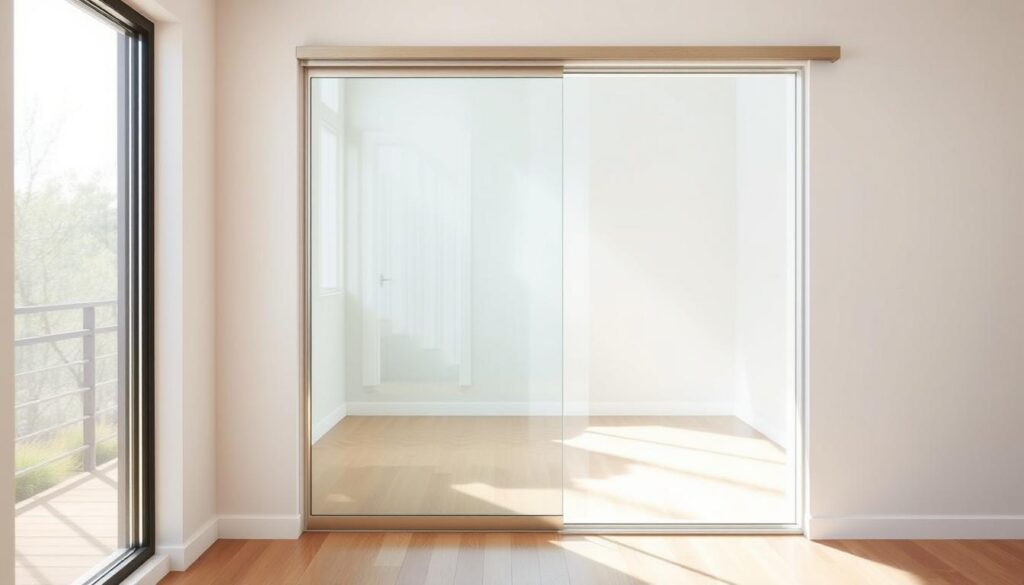 A modern, minimalist glass sliding door in a bright, airy interior. The door is made of thick, tempered clear glass panels that seamlessly glide on a sleek, aluminum track system. The door frame is a slim, brushed metal profile that blends into the surrounding wall. Sunlight streams through the glass, casting soft, diffused shadows and highlights. The door's transparency creates a sense of openness and visual continuity between spaces. The overall look is clean, elegant, and perfectly suited for a contemporary living room or home office.