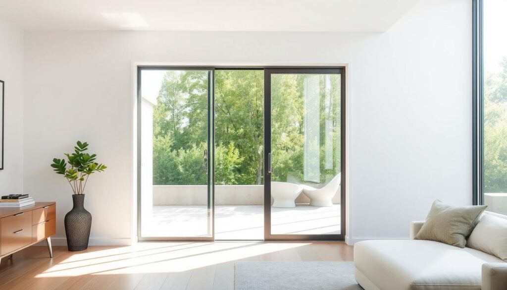 A modern, minimalist glass sliding door in a sleek, space-saving design, floating effortlessly against a bright, airy backdrop. The door's frameless, tempered glass panels reflect the sunlight, creating a luminous, inviting atmosphere. Smooth, seamless tracks allow the door to glide open and closed with ease, maximizing the available floor space. The door's contemporary, streamlined aesthetic complements the clean, uncluttered lines of the surrounding decor, creating a harmonious, high-end living environment.