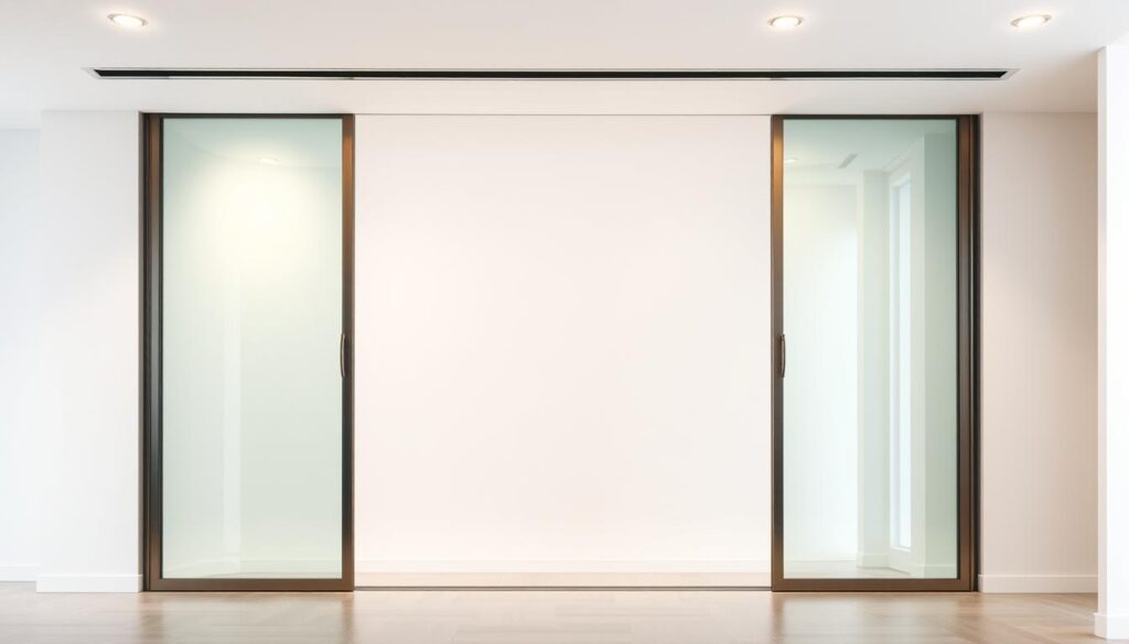 A modern, minimalist glass sliding door system set against a bright, airy interior. The sleek, frameless glass panels glide effortlessly along smooth metal tracks, allowing for seamless transitions between rooms. Soft, indirect lighting from recessed ceiling fixtures casts a warm, natural glow, highlighting the clean lines and transparency of the glass. The background features a simple, neutral-toned wall with a subtle texture, creating a minimalist, contemporary atmosphere. The overall composition emphasizes the elegant simplicity and functional beauty of the "systeme glasschiebetür" design.