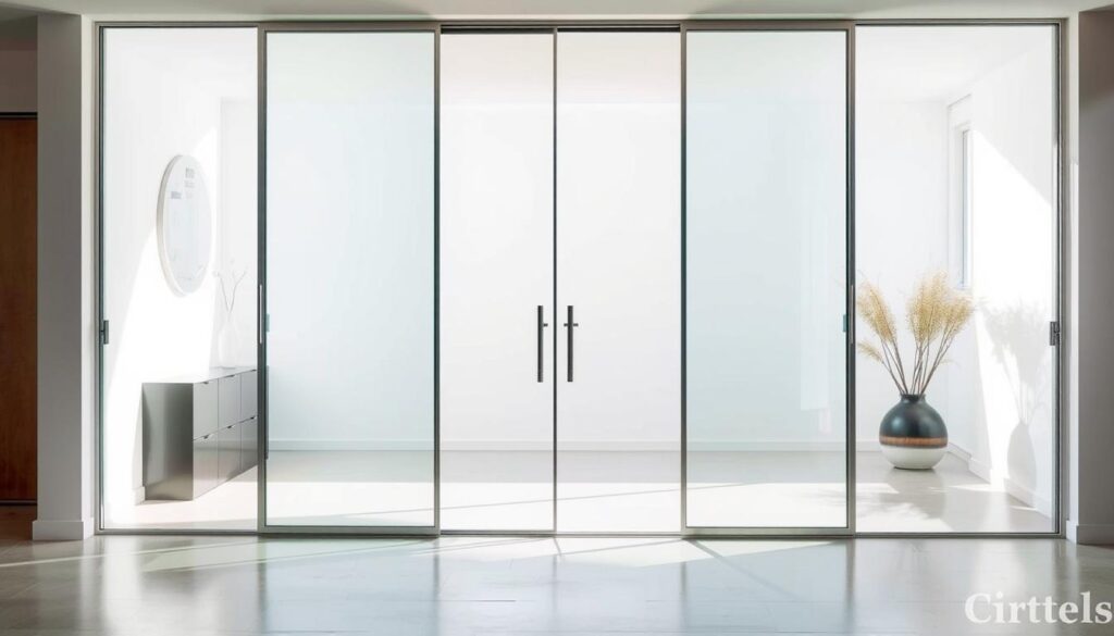 A modern, minimalist glass sliding door with a sleek, frameless design, capturing the essence of contemporary living. The door is positioned in a well-lit, airy room, allowing natural light to filter through the transparent panes, creating a sense of openness and flow. The floor-to-ceiling glass panels reflect the surrounding environment, blending seamlessly with the interior design. The door's effortless gliding mechanism and discreet hardware complement the overall aesthetic, emphasizing functionality and visual appeal. The scene evokes a harmonious balance between form and function, showcasing the versatility and sophistication of this architectural element.