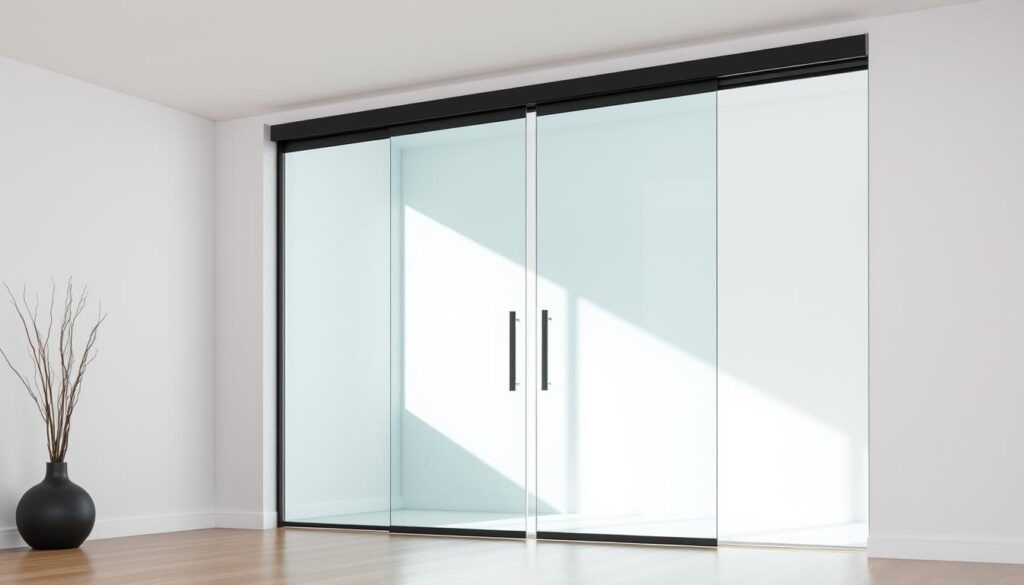 A modern, minimalist glass sliding door with a sleek, frameless design. The door panels are composed of high-quality, tempered glass that allows ample natural light to flood the space. The door glides effortlessly on a concealed, top-mounted track system, creating a seamless and space-saving transition between rooms. The lighting is soft and diffused, highlighting the transparent, reflective nature of the glass. The surrounding walls are painted a neutral, calming color, allowing the glass door to be the focal point. The overall atmosphere is one of understated elegance, where the material, craftsmanship, and functionality of the sliding door are the true stars of the scene.