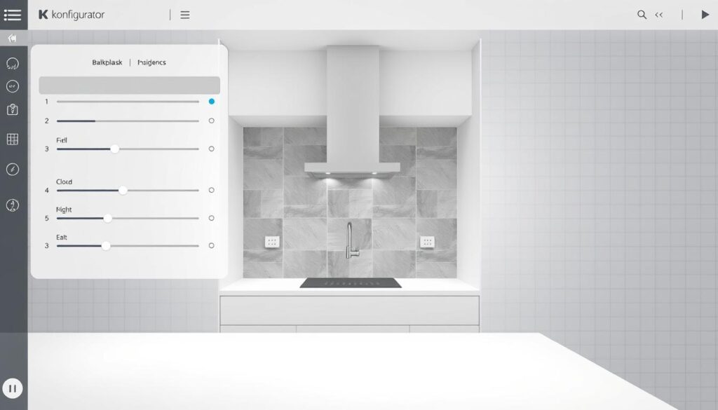 A modern, minimalist illustration of a "konfigurator" software application. In the foreground, a clean, intuitive user interface with sliders, dropdowns, and other interactive elements for customizing a kitchen backsplash design. The middle ground features a 3D rendered model of the kitchen wall, showcasing the selected backsplash pattern and material. In the background, a subtle grid or graph paper texture suggests the technical planning and precision involved. Soft, directional lighting creates depth and highlights the smooth, glass-like surfaces. The overall mood is one of efficiency, user-friendliness, and professional-grade visualization tools for kitchen design.