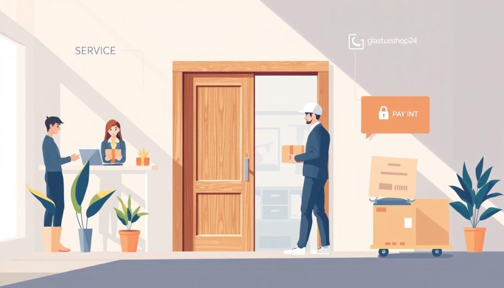 A modern, minimalist illustration showcasing the key service, delivery, and payment features of Glastuerhop24. In the foreground, a well-designed, high-quality wooden sliding door takes center stage, hinting at the company's specialty. In the middle ground, friendly customer service representatives assist buyers, while delivery personnel transport packages. In the background, a secure online payment interface is visible, conveying the convenience and reliability of the purchasing process. The scene is bathed in warm, natural lighting, creating a welcoming atmosphere. The overall composition emphasizes the seamless customer experience, reflecting the professionalism and attention to detail of Glastuerhop24.