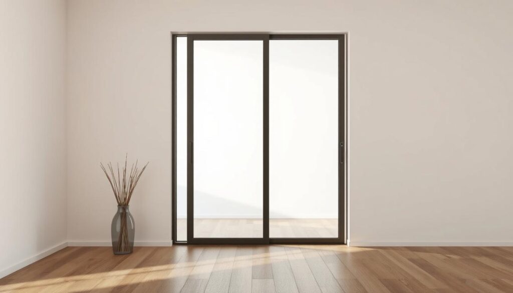 A modern, minimalist interior with a large sliding glass door taking center stage. The "maß" - the precise dimensions of the door - is meticulously rendered, showcasing its sleek, frameless design and seamless integration into the space. Soft, natural lighting filters through the glass, casting a warm, inviting glow. The background features a clean, uncluttered wall, allowing the door to be the focal point. The camera angle is positioned to highlight the door's scale and proportions, emphasizing its versatility in accommodating a range of room sizes. An overall sense of simplicity and sophistication pervades the scene, reflecting the innovative solutions offered for modern living spaces.