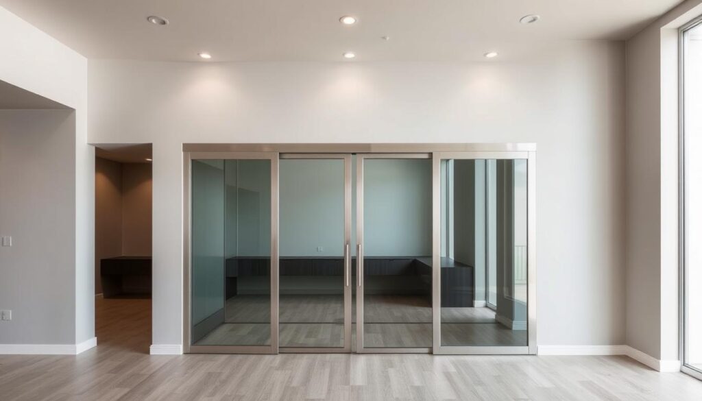 A modern, minimalist interior with a sleek soundproof sliding door system. The door frames are made of brushed aluminum, seamlessly blending with the neutral-toned walls. The door panels are constructed from tempered glass, allowing ample natural light to fill the space. Precise engineering ensures the door glides effortlessly, with a tight seal to block out unwanted noise. Subtle design elements, such as recessed lighting and a muted color palette, create a serene, sophisticated ambiance. The room's layout emphasizes the sliding door's functionality, highlighting its role as a versatile architectural feature that enhances both acoustics and aesthetics. A modern, minimalist interior with a sleek soundproof sliding door system. The door frames are made of brushed aluminum, seamlessly blending with the neutral-toned walls. The door panels are constructed from tempered glass, allowing ample natural light to fill the space. Precise engineering ensures the door glides effortlessly, with a tight seal to block out unwanted noise. Subtle design elements, such as recessed lighting and a muted color palette, create a serene, sophisticated ambiance. The room's layout emphasizes the sliding door's functionality, highlighting its role as a versatile architectural feature that enhances both acoustics and aesthetics.