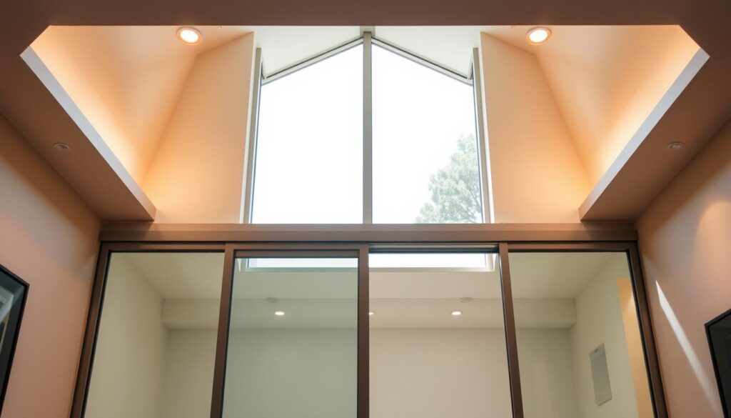 A modern, minimalist interior with a sliding glass door in the foreground, allowing natural light to flow through. The door frame is sleek and seamless, with discreet soft-close hinges and an airtight seal to ensure a quiet, smooth operation. The surrounding walls are painted in a calming, neutral palette, complementing the glass and metal accents. Warm, diffused lighting from overhead fixtures casts a serene glow, creating a sense of comfort and functionality. The sliding door effortlessly glides open, inviting the viewer to imagine the space beyond, where innovative storage solutions and efficient space utilization are the focus.