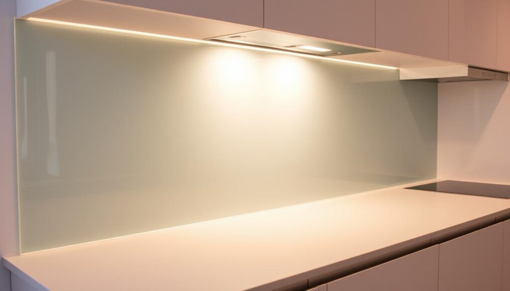 A modern, minimalist kitchen backsplash in a sleek, tempered glass panel. The glass has a subtle, semi-reflective sheen, creating an elegant, contemporary look. Warm, directional lighting from above illuminates the surface, casting soft shadows and highlighting the material's depth and clarity. The glass extends from the countertop to the upper cabinets, providing a seamless, uninterrupted surface that is easy to clean and maintain. The overall effect is a clean, sophisticated aesthetic that complements the kitchen's modern design.