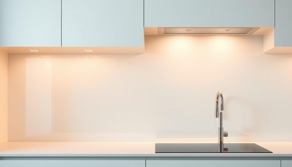 A modern, minimalist kitchen backsplash in tempered glass, reflecting the warm, soft lighting of the space. The glass surface is covered with a fine, transparent "Spritzschutz" layer, protecting the wall from splatters and stains while maintaining a sleek, uninterrupted aesthetic. The backsplash seamlessly blends with the surrounding countertops and cabinetry, creating a cohesive, high-end look. The lighting casts a gentle glow, highlighting the clarity and purity of the glass, which appears to almost float against the wall. The overall composition exudes a sense of sophistication, functionality, and a refined, contemporary style perfectly suited for the modern kitchen. A modern, minimalist kitchen backsplash in tempered glass, reflecting the warm, soft lighting of the space. The glass surface is covered with a fine, transparent "Spritzschutz" layer, protecting the wall from splatters and stains while maintaining a sleek, uninterrupted aesthetic. The backsplash seamlessly blends with the surrounding countertops and cabinetry, creating a cohesive, high-end look. The lighting casts a gentle glow, highlighting the clarity and purity of the glass, which appears to almost float against the wall. The overall composition exudes a sense of sophistication, functionality, and a refined, contemporary style perfectly suited for the modern kitchen.