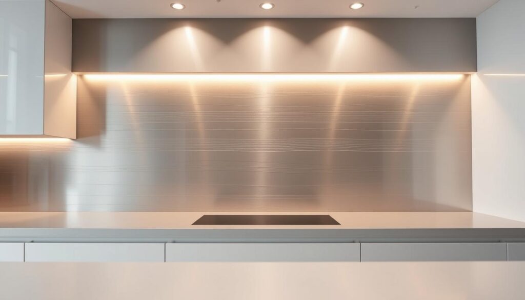 A modern, minimalist kitchen backsplash made of a sleek, brushed metal surface with a matte finish. The backsplash spans the full width of the kitchen, creating a seamless, monolithic appearance. Subtle, linear patterns are etched into the metal, adding visual interest and texture. Warm, indirect lighting from above casts a soft glow, highlighting the material's natural luster. The backsplash is flanked by pristine white cabinetry, creating a harmonious, high-end aesthetic. The entire scene is captured from a low angle, emphasizing the backsplash's presence and the kitchen's clean, modern design.