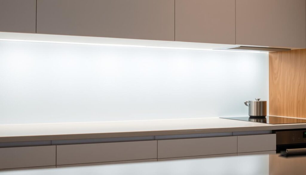 A modern, minimalist kitchen backsplash made of frosted glass, illuminated from behind by soft, diffused lighting. The glass has a subtle texture, creating a serene, reflective surface that enhances the clean lines of the kitchen. The backsplash extends from the countertop to the upper cabinets, creating a seamless, cohesive design. The lighting casts a warm, inviting glow, highlighting the material's translucent quality and creating a welcoming ambiance. The overall composition conveys a sense of understated elegance and personalized style, reflecting the bespoke nature of the kitchen.