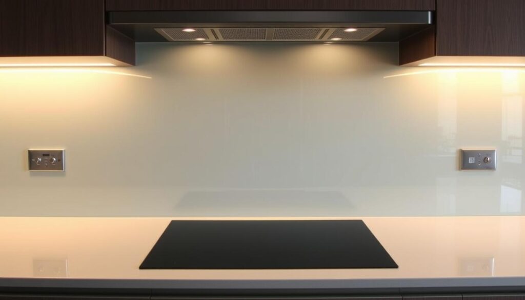 A modern, minimalist kitchen backsplash made of tempered glass, reflecting warm, ambient lighting from above. The glass surface is smooth and seamless, with a subtle, glossy sheen that catches the eye. The backsplash extends from the countertop to the upper cabinets, creating a clean, integrated look. The glass is slightly tinted, adding depth and visual interest, while allowing the kitchen's color scheme to shine through. The backlighting casts a soft, even glow, illuminating the glass and creating a welcoming, high-end atmosphere. The overall effect is a sophisticated, bespoke kitchen feature that complements the design's attention to detail and quality.