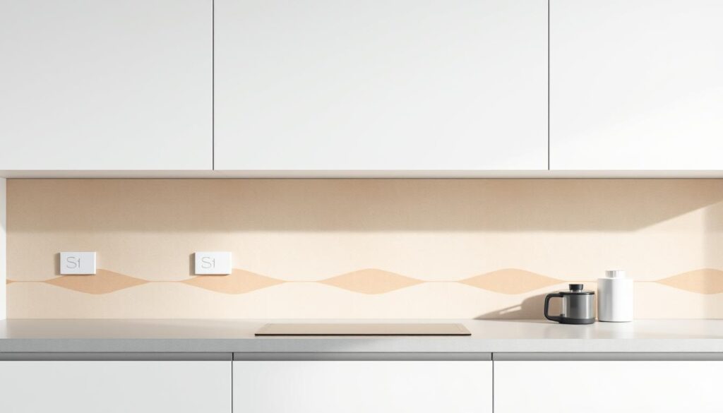 A modern, minimalist kitchen counter with a sleek, self-adhesive plastic film covering the backsplash area. The film has a subtle, abstract pattern of overlapping shapes and lines in muted, earthy tones that add visual interest and a sense of movement. The lighting is soft and diffused, creating a warm, inviting atmosphere. The countertop is clutter-free, with a few simple kitchen accessories neatly arranged. The overall composition emphasizes the easy, no-drill installation of the protective film, showcasing its versatility and suitability for quick, fuss-free kitchen updates.