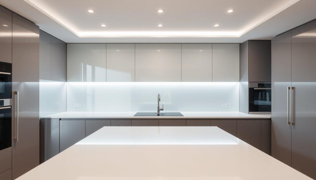 A modern, minimalist kitchen featuring a sleek, custom-made glass backsplash (küchenrückwand) that spans the full width of the countertop. The glass panels reflect the room's natural light, creating a bright and airy atmosphere. The backsplash is seamlessly integrated with the surrounding cabinets and countertops, giving the kitchen a cohesive, high-end appearance. The glass is tinted in a subtle, neutral tone that complements the kitchen's color scheme. Overhead, a modern, recessed lighting system casts a warm, even glow across the space. The image showcases the versatility and personalization possible with a custom-made glass backsplash from glastuerhop24.de, highlighting its ability to transform a kitchen's aesthetic while also serving a functional purpose.
