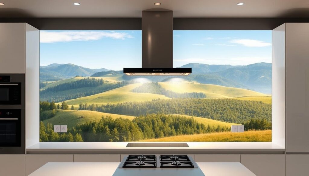 A modern, minimalist kitchen interior with a large UV-printed glass splashback panel in the foreground. The panel features a crisp, high-resolution image of a serene landscape with rolling hills, forests, and a bright blue sky. Soft, diffused lighting illuminates the kitchen, creating a warm and inviting atmosphere. The splashback is seamlessly integrated into the clean, white cabinetry and countertops, highlighting its function as both a protective surface and a decorative element. The overall scene conveys a sense of efficiency, quality craftsmanship, and attention to detail in the production and installation of this custom UV-printed kitchen accessory. A modern, minimalist kitchen interior with a large UV-printed glass splashback panel in the foreground. The panel features a crisp, high-resolution image of a serene landscape with rolling hills, forests, and a bright blue sky. Soft, diffused lighting illuminates the kitchen, creating a warm and inviting atmosphere. The splashback is seamlessly integrated into the clean, white cabinetry and countertops, highlighting its function as both a protective surface and a decorative element. The overall scene conveys a sense of efficiency, quality craftsmanship, and attention to detail in the production and installation of this custom UV-printed kitchen accessory.