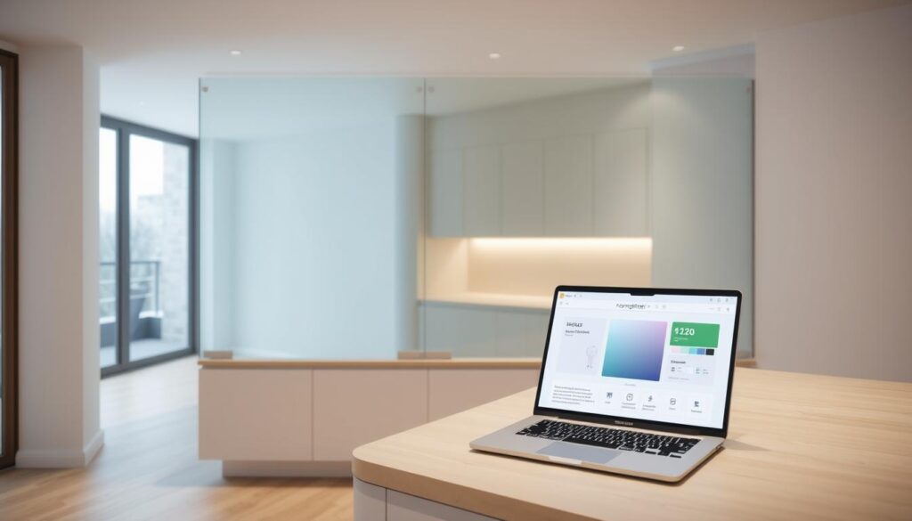 A modern, minimalist kitchen interior with a large, curved glass partition serving as a sleek, customizable backsplash. The glass panel is partially transparent, allowing a view of the adjacent room. The partition is mounted on a smooth, metallic sliding mechanism, enabling effortless adjustments to the size and position. Soft, diffused lighting illuminates the scene, creating a warm, inviting atmosphere. The floor is made of smooth, light-colored wood, complementing the clean, contemporary design. A laptop or tablet is positioned on the kitchen counter, open to an interactive configuration interface - the "konfigurator" - allowing the user to visualize and customize the glass backsplash in real-time.