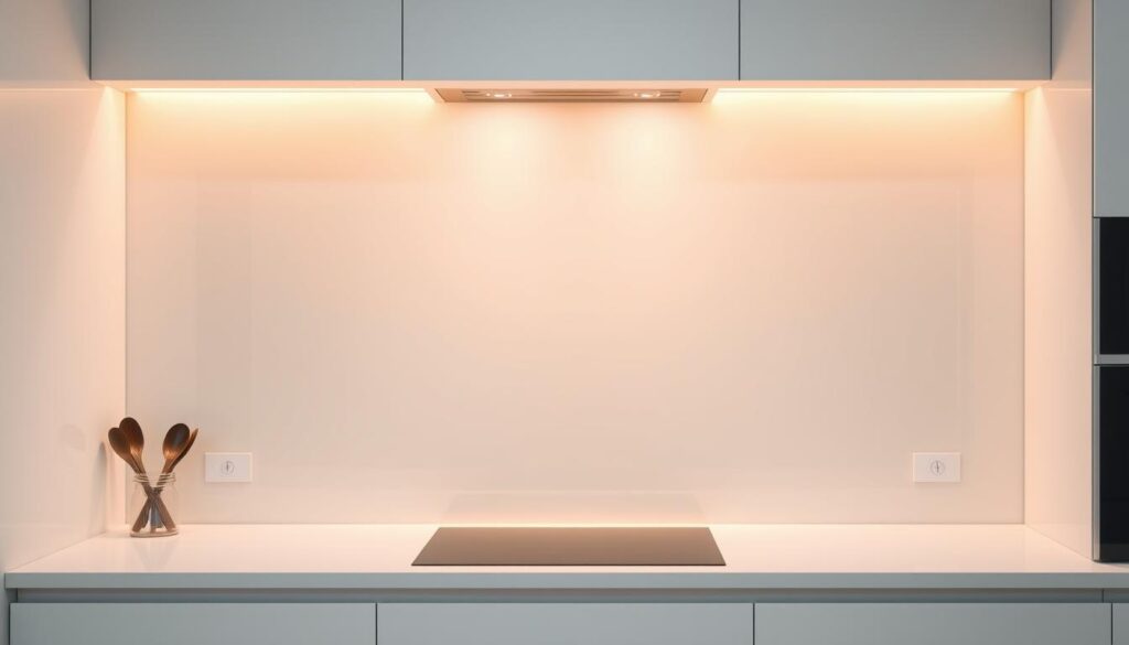 A modern, minimalist kitchen interior with a sleek glass splashback. The surface is smooth and reflective, capturing the warm, diffused lighting overhead. The glass creates a seamless, uninterrupted visual plane, effortlessly protecting the walls from splatters and spills. The kitchen countertop is clean and uncluttered, with a few simple cooking utensils neatly arranged. The entire scene conveys a sense of effortless elegance and easy maintenance, perfectly suited for the "Reinigung und Pflege: glatte Oberflächen, leicht reinigen, maximaler Schutz vor Fett" section of the article. A modern, minimalist kitchen interior with a sleek glass splashback. The surface is smooth and reflective, capturing the warm, diffused lighting overhead. The glass creates a seamless, uninterrupted visual plane, effortlessly protecting the walls from splatters and spills. The kitchen countertop is clean and uncluttered, with a few simple cooking utensils neatly arranged. The entire scene conveys a sense of effortless elegance and easy maintenance, perfectly suited for the "Reinigung und Pflege: glatte Oberflächen, leicht reinigen, maximaler Schutz vor Fett" section of the article.
