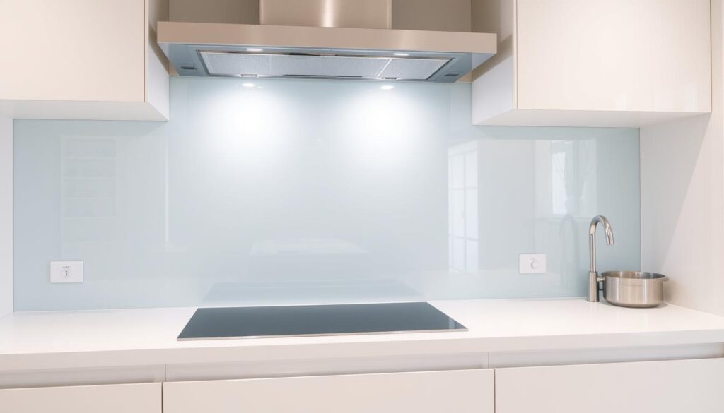 A modern, minimalist kitchen with a sleek, custom-fitted kitchen splashback. The splashback is made of clear, tempered glass that seamlessly blends with the kitchen's neutral color palette. Soft, diffused lighting from above highlights the glass's glossy, reflective surface, creating an elegant, high-end aesthetic. The splashback covers the entire backsplash area, providing ample protection from water, oil, and food splatters. Its seamless design and clean lines complement the kitchen's streamlined cabinetry and countertops, resulting in a cohesive, visually appealing space. The overall scene conveys a sense of sophistication, practicality, and timeless style.