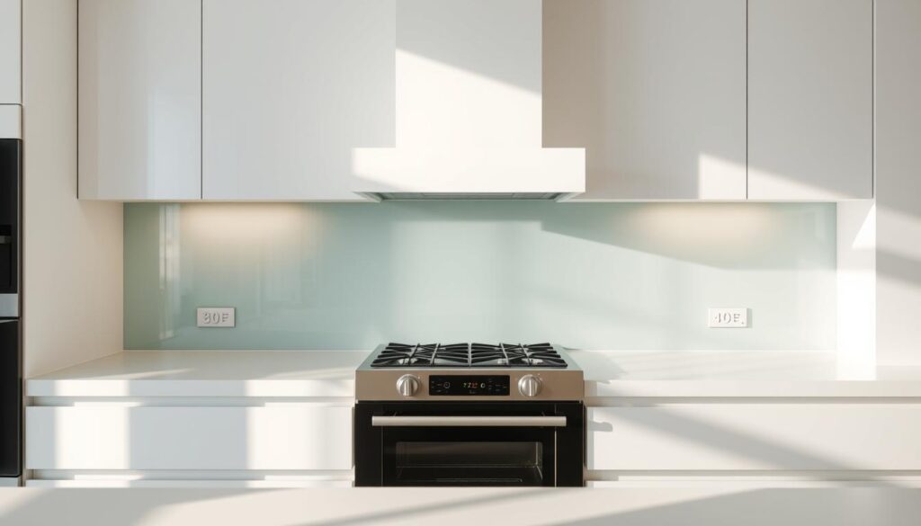 A modern, minimalist kitchen with a sleek, custom-made glass backsplash. The backsplash fills the entire wall behind the stove, creating a seamless, high-end look. The glass has a subtle, frosted finish that diffuses the light, casting a soft, warm glow throughout the space. The backsplash is perfectly fitted to the dimensions of the kitchen, showcasing its bespoke, made-to-measure design. The overall scene is bathed in natural light, with soft shadows and highlights accentuating the clean, modern aesthetic. The backsplash is the focal point, elevating the entire kitchen and reflecting the homeowner's personal style and attention to detail.