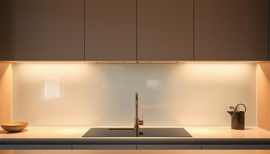 A modern, minimalist kitchen with a sleek, frameless glass backsplash or "Küchenrückwand". The glass panel seamlessly blends into the kitchen's design, creating a clean, uninterrupted surface that is easy to wipe down and maintain. The glass has a subtle, frosted finish, offering a soft, diffused reflection of the kitchen's interior. Warm, directional lighting casts a gentle glow across the surface, highlighting its smooth, seamless texture. The kitchen is bathed in a warm, inviting atmosphere, with muted tones and natural materials complementing the glass backsplash. The overall scene conveys a sense of modern, high-end sophistication and functionality, perfectly suited for the article's subject.