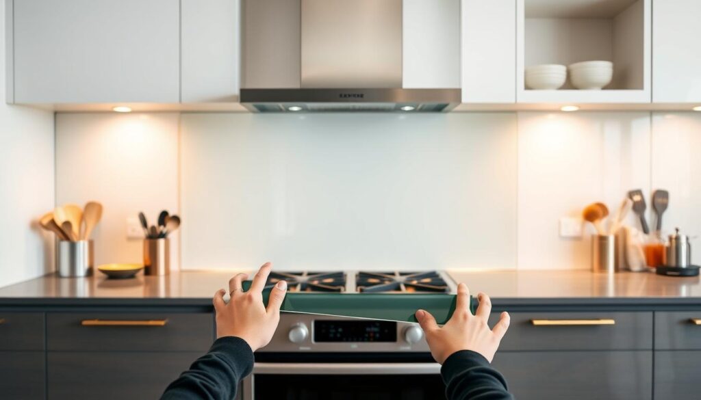 A modern, minimalist kitchen with a sleek glass backsplash takes center stage. The backsplash features a smooth, seamless surface, illuminated by warm, diffused lighting from above. In the foreground, a pair of hands carefully aligns and adheres the glass panel to the wall, demonstrating the ease of installation. The background showcases a variety of kitchen tools and accessories, hinting at the versatility and functionality of the backsplash. The overall scene conveys a sense of effortless elegance and the joy of creating a beautiful, personalized kitchen space.