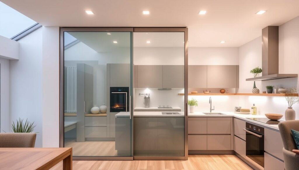 A modern, minimalist kitchen with a sleek sliding glass door. The door's polished, frameless design seamlessly integrates with the kitchen's clean lines and neutral color palette. Soft, diffused lighting from recessed ceiling fixtures creates a warm, inviting atmosphere. The sliding mechanism operates smoothly, allowing the door to glide open and closed with ease. The kitchen's practical layout and the door's space-saving design create a harmonious, functional living space. Crisp, high-quality materials and precise craftsmanship are evident throughout, reflecting the attention to detail in this thoughtfully designed "schiebetür küche". A modern, minimalist kitchen with a sleek sliding glass door. The door's polished, frameless design seamlessly integrates with the kitchen's clean lines and neutral color palette. Soft, diffused lighting from recessed ceiling fixtures creates a warm, inviting atmosphere. The sliding mechanism operates smoothly, allowing the door to glide open and closed with ease. The kitchen's practical layout and the door's space-saving design create a harmonious, functional living space. Crisp, high-quality materials and precise craftsmanship are evident throughout, reflecting the attention to detail in this thoughtfully designed "schiebetür küche".