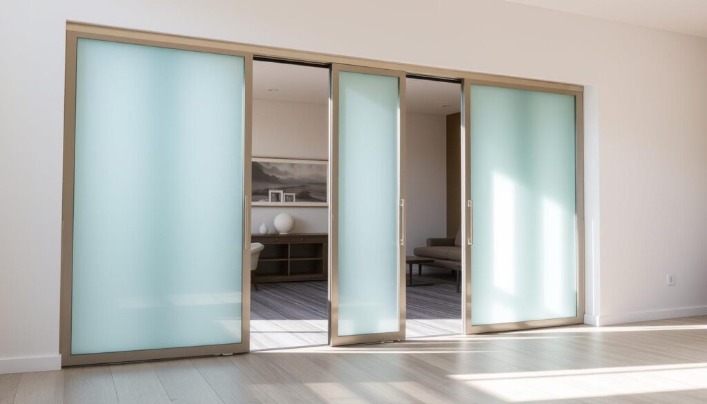 A modern, minimalist milchglas schiebetür (sliding glass door) standing elegantly in a bright, spacious room. The door's frosted glass panels let in a soft, diffused light, creating a serene, airy ambiance. Sleek, brushed metal frames seamlessly guide the door as it glides open, revealing a seamless transition between spaces. Thoughtfully designed hardware and hinges ensure smooth, effortless operation. This custom-made schiebetür from Glastuerhop24.de is the perfect balance of form and function, elevating the room's aesthetic while providing privacy and versatility.