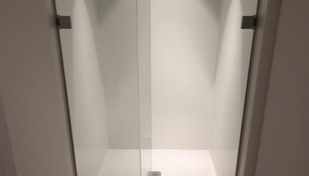 A modern, minimalist shower enclosure with a sleek, frameless glass panel. The glass appears seamless, perfectly fitted to the alcove, creating a sense of bespoke craftsmanship. Soft, diffused lighting illuminates the space, accentuating the clean lines and elegant simplicity of the design. The shower floor is finished with a subtle, textured tile, complementing the glass and creating a cohesive, high-end aesthetic. The overall impression is one of luxurious, custom-tailored bathing experience, reflecting the section's focus on personalized solutions. A modern, minimalist shower enclosure with a sleek, frameless glass panel. The glass appears seamless, perfectly fitted to the alcove, creating a sense of bespoke craftsmanship. Soft, diffused lighting illuminates the space, accentuating the clean lines and elegant simplicity of the design. The shower floor is finished with a subtle, textured tile, complementing the glass and creating a cohesive, high-end aesthetic. The overall impression is one of luxurious, custom-tailored bathing experience, reflecting the section's focus on personalized solutions.