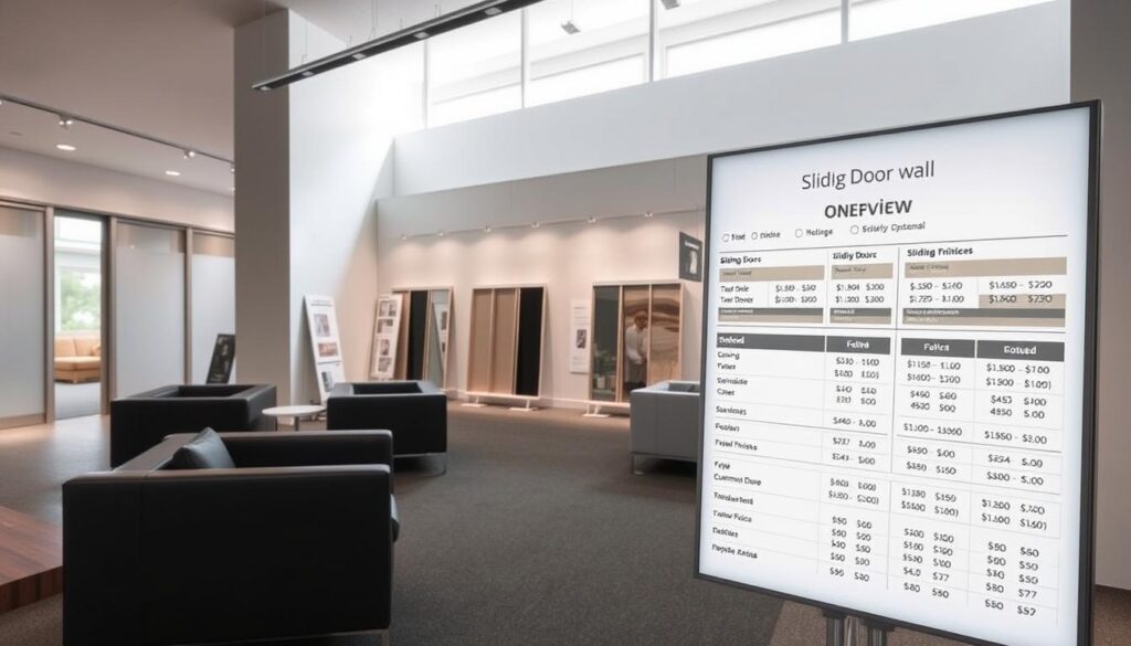 A modern, minimalist showroom interior displaying a comprehensive price overview of sliding door wall systems. The scene features a clean, well-lit space with sleek, monochromatic furniture and fixtures. In the foreground, a large, backlit display showcases detailed pricing information for different sliding door options, material finishes, and customization choices. The middle ground features additional product samples and informational displays, while the background depicts a neutral, architectural backdrop with hints of natural light filtering in. The overall atmosphere conveys a sense of professionalism, quality, and customer-focused service.