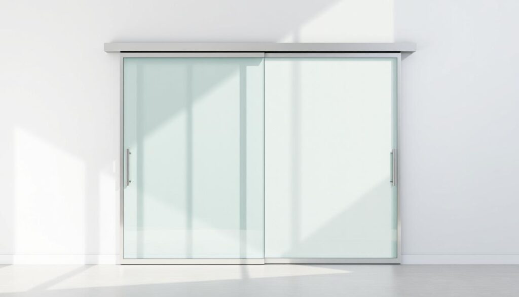 A modern, minimalist sliding door set against a light-colored, textured wall. The door's sleek, frameless glass panels seamlessly glide along a discrete aluminum track, creating an effortless, high-end aesthetic. Crisp shadows and highlights accentuate the clean lines and precise craftsmanship, conveying a sense of understated sophistication. The overall scene exudes a calming, spacious ambiance, showcasing the versatility and tailored fit of the sliding door solution. A modern, minimalist sliding door set against a light-colored, textured wall. The door's sleek, frameless glass panels seamlessly glide along a discrete aluminum track, creating an effortless, high-end aesthetic. Crisp shadows and highlights accentuate the clean lines and precise craftsmanship, conveying a sense of understated sophistication. The overall scene exudes a calming, spacious ambiance, showcasing the versatility and tailored fit of the sliding door solution.
