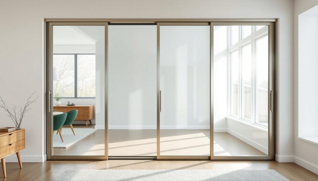 A modern, minimalist sliding door wall in a bright, airy interior. The sliding door panels are made of tempered glass, mounted on a sleek, brushed metal frame that glides effortlessly along concealed tracks. The glass reflects the soft, natural light streaming in from large windows, casting a warm, inviting glow throughout the space. The wall's clean lines and seamless design create a sense of openness and flow, perfectly complementing the modern, Scandinavian-inspired decor. A sophisticated, functional solution that elevates the room's aesthetic and practical capabilities. A modern, minimalist sliding door wall in a bright, airy interior. The sliding door panels are made of tempered glass, mounted on a sleek, brushed metal frame that glides effortlessly along concealed tracks. The glass reflects the soft, natural light streaming in from large windows, casting a warm, inviting glow throughout the space. The wall's clean lines and seamless design create a sense of openness and flow, perfectly complementing the modern, Scandinavian-inspired decor. A sophisticated, functional solution that elevates the room's aesthetic and practical capabilities.