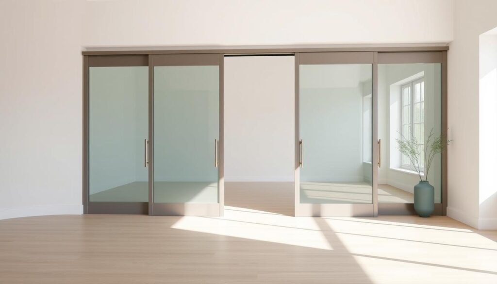 A modern, minimalist sliding door wall in a bright, airy room. The sliding door panels glide effortlessly on a sleek, concealed track system, their smooth motion creating a sense of tranquility. The glass panels allow natural light to flow through, illuminating the space. The hardware is subtle yet high-quality, with a matte finish that complements the overall design. The wall is clean and uncluttered, with a slight texture that adds visual interest. The scene conveys a sense of sophistication, functionality, and attention to detail - a perfect illustration of innovative sliding door solutions for contemporary living spaces.