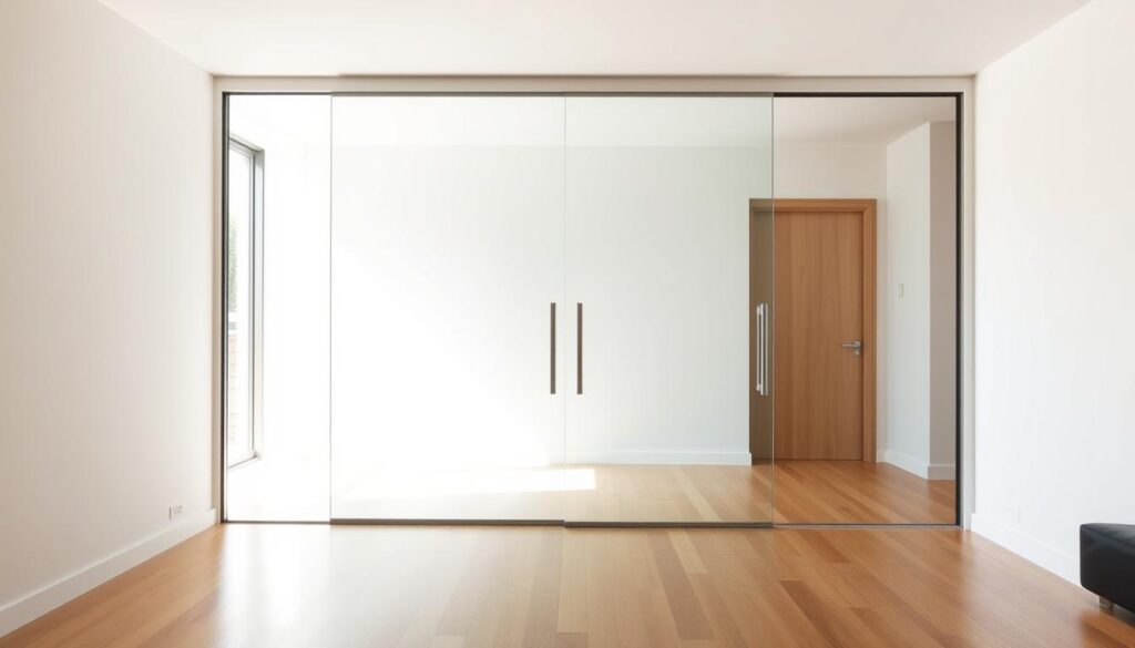 A modern, minimalist sliding glass door in a well-lit interior. The door is made of sleek, frameless glass panels that glide effortlessly on a discreet track system, creating a seamless transition between rooms. Soft, natural lighting filters through the glass, casting a warm, inviting glow. The door is surrounded by clean, white walls, adding to the sense of openness and airiness. The floor is made of polished hardwood, reflecting the light and creating a harmonious, contemporary aesthetic. The overall atmosphere is one of sophistication, elegance, and functionality, perfectly capturing the essence of a "schiebetür" as a versatile, space-saving solution for modern living. A modern, minimalist sliding glass door in a well-lit interior. The door is made of sleek, frameless glass panels that glide effortlessly on a discreet track system, creating a seamless transition between rooms. Soft, natural lighting filters through the glass, casting a warm, inviting glow. The door is surrounded by clean, white walls, adding to the sense of openness and airiness. The floor is made of polished hardwood, reflecting the light and creating a harmonious, contemporary aesthetic. The overall atmosphere is one of sophistication, elegance, and functionality, perfectly capturing the essence of a "schiebetür" as a versatile, space-saving solution for modern living.