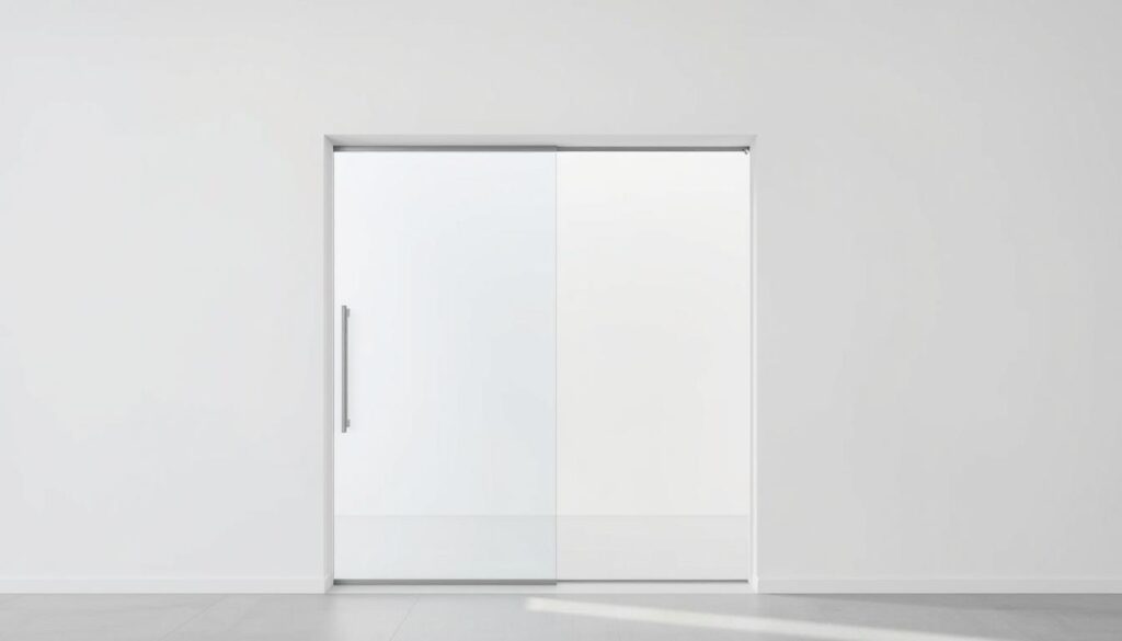 A modern, minimalist sliding glass door seamlessly integrated into a sleek, white wall. The door glides effortlessly along discreet metal tracks, creating a smooth, uninterrupted visual flow. Soft, diffused natural light filters through the transparent glass, illuminating the space and accentuating the clean, elegant design. The scene exudes a sense of zen-like tranquility, perfectly suited for a high-end kitchen, luxurious bathroom, or serene living room. Carefully composed to showcase the versatility and beauty of this innovative architectural solution, the image captures the essence of sophisticated, space-saving design for the modern home. A modern, minimalist sliding glass door seamlessly integrated into a sleek, white wall. The door glides effortlessly along discreet metal tracks, creating a smooth, uninterrupted visual flow. Soft, diffused natural light filters through the transparent glass, illuminating the space and accentuating the clean, elegant design. The scene exudes a sense of zen-like tranquility, perfectly suited for a high-end kitchen, luxurious bathroom, or serene living room. Carefully composed to showcase the versatility and beauty of this innovative architectural solution, the image captures the essence of sophisticated, space-saving design for the modern home.