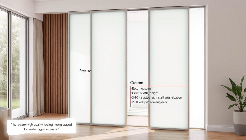 A modern, minimalist sliding glass door system in a bright, airy interior. The door panels stand tall, their clean lines and smooth milky glass radiating an elegant, understated sophistication. Precise measurements are displayed, indicating the custom configuration - the exact width, height, and installation details required to seamlessly integrate this bespoke solution. Soft, diffused natural light filters through the translucent panels, creating a calming, inviting ambiance. The door glides effortlessly, its hardware precision-engineered for a smooth, reliable operation. This tailored, high-quality design embodies the perfect blend of form and function, elevating the space with a touch of modern, minimalist allure.